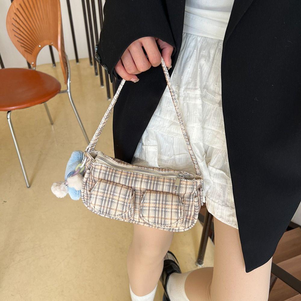 Designer Plaid Shoulder Bag Multi Pocket Women Handbag Korean Striped Armpit Bag Daily
