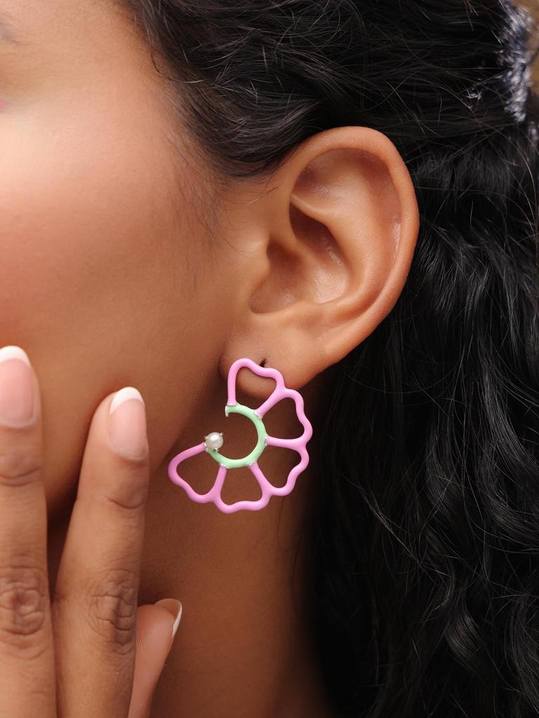 Kicky and Perky 925 Sterling Silver Pink and Green Enamel and Studded with Pearl Floral Stud Earring for Women