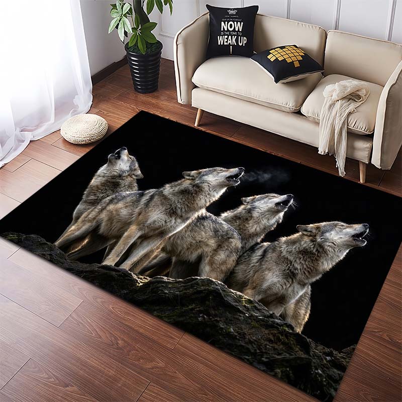 Running Wolf Pack Area Rug, Wild Wolves in Forest Print Non Slip Floor Rug for Living Room Bedroom Home Decor