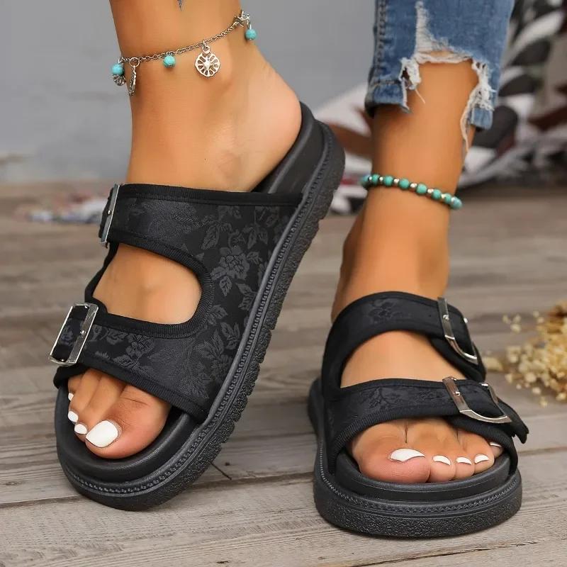 Модная летняя женская обувь 2024 года, высококачественные женские тапочки с открытым носком, на среднем каблуке, с пряжкой, с цветным рисунком, женские тапочки