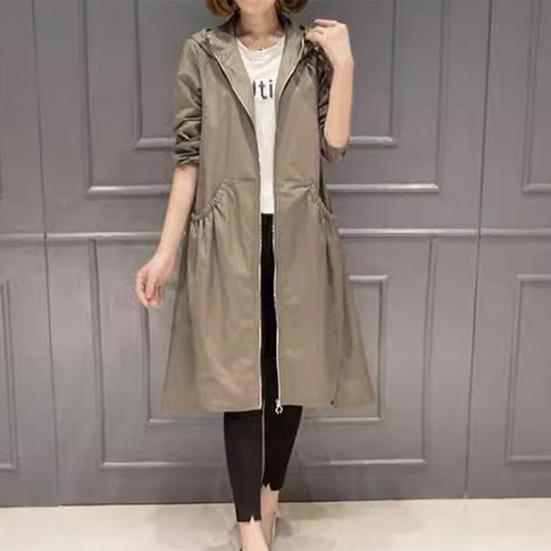 Женский весенне-осенний ветровка средней длины с капюшоном и молнией, карманами с длинными рукавами, однотонный тонкий длинный плащ, уличная одежда