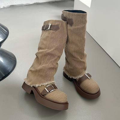 Современные ботинки на квадратном каблуке до середины икры, зимняя женская джинсовая обувь 2024 года, высококачественные ботинки без застежек на среднем каблуке с круглым носком и пряжкой на ремне