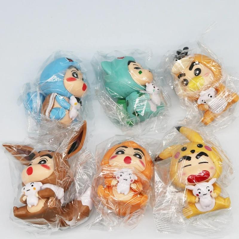 6Pcs/Set Q Version Crayon Shinchan Anime Figure Shinchan COS Pokmon Pikachu Action Figure Room Decorations PVC Collection Toy
