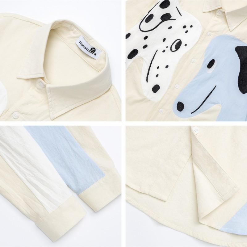 American Vintage Casual Shirt Dog Embroidery Color Block Loose Fit Couple Long Sleeve Top Men Women
