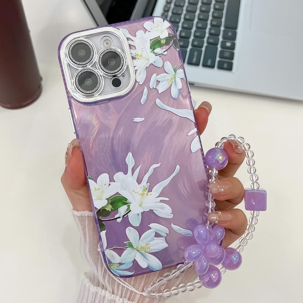 For Apple 16E Flower Phone Case for IPhone 15 Promax with Bracelet Sparkling Pink Lens Film Hard Case