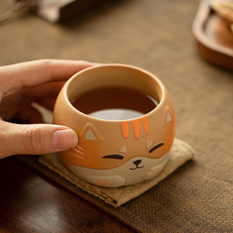 1/4PCS Ceramic Gongfu Tea Cup Woodfish Cat Design Chinese Style Home Use Cute Tea Set Gift for Women