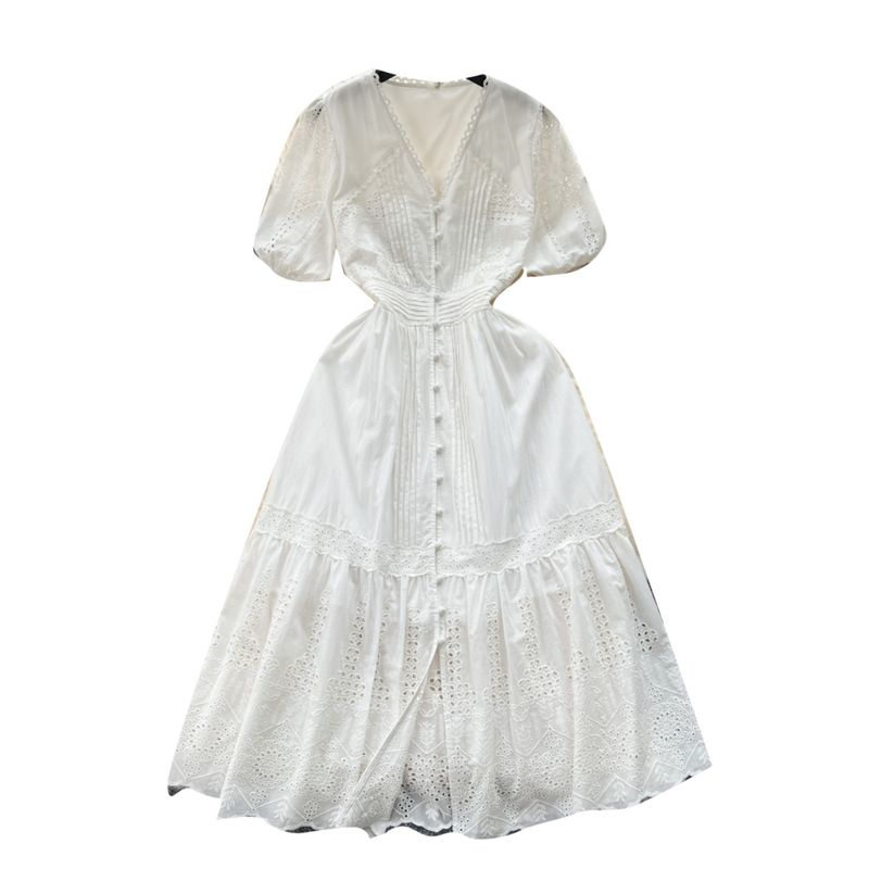 French Dress Female 2024 New Arrival Elegant V-neck Double-Breasted Silm Mid Length Long Length Age Reduction Puff Sleeves First Love Dress