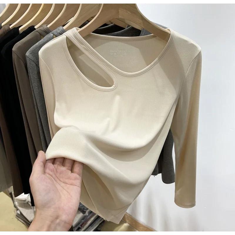 Женская футболка с длинным рукавом на резьбе для весны и осени, новая, облегающая, эластичная, для ношения под низ, полая майка