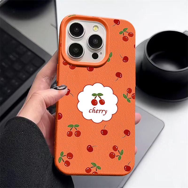 Чехол из мягкой противоударной матовой кожи с вишневым узором для iPhone 16 Pro 15 14 13 12 Pro Max 11