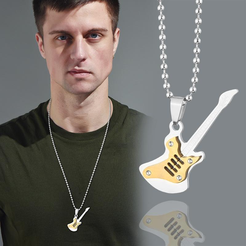 Japanese And Korean Fashion Electric Guitar Hip-Hop Men'S Titanium Steel Pendant Street Personality Rock Men'S And Women'S Punk Necklace