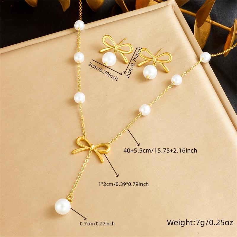 316L Stainless Steel Pearl Bowknot Chain Tassel Necklace Earrings Set For Women Lady Fashion New Jewelry Party Wedding Gifts