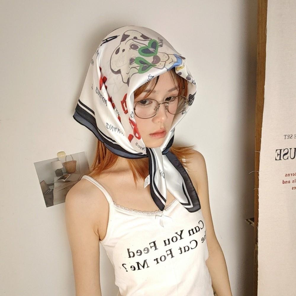 Spotted Dog Flower Printed Scarf Breathable Bandana Head Scarf Elegant Silk Satin Turban Girls
