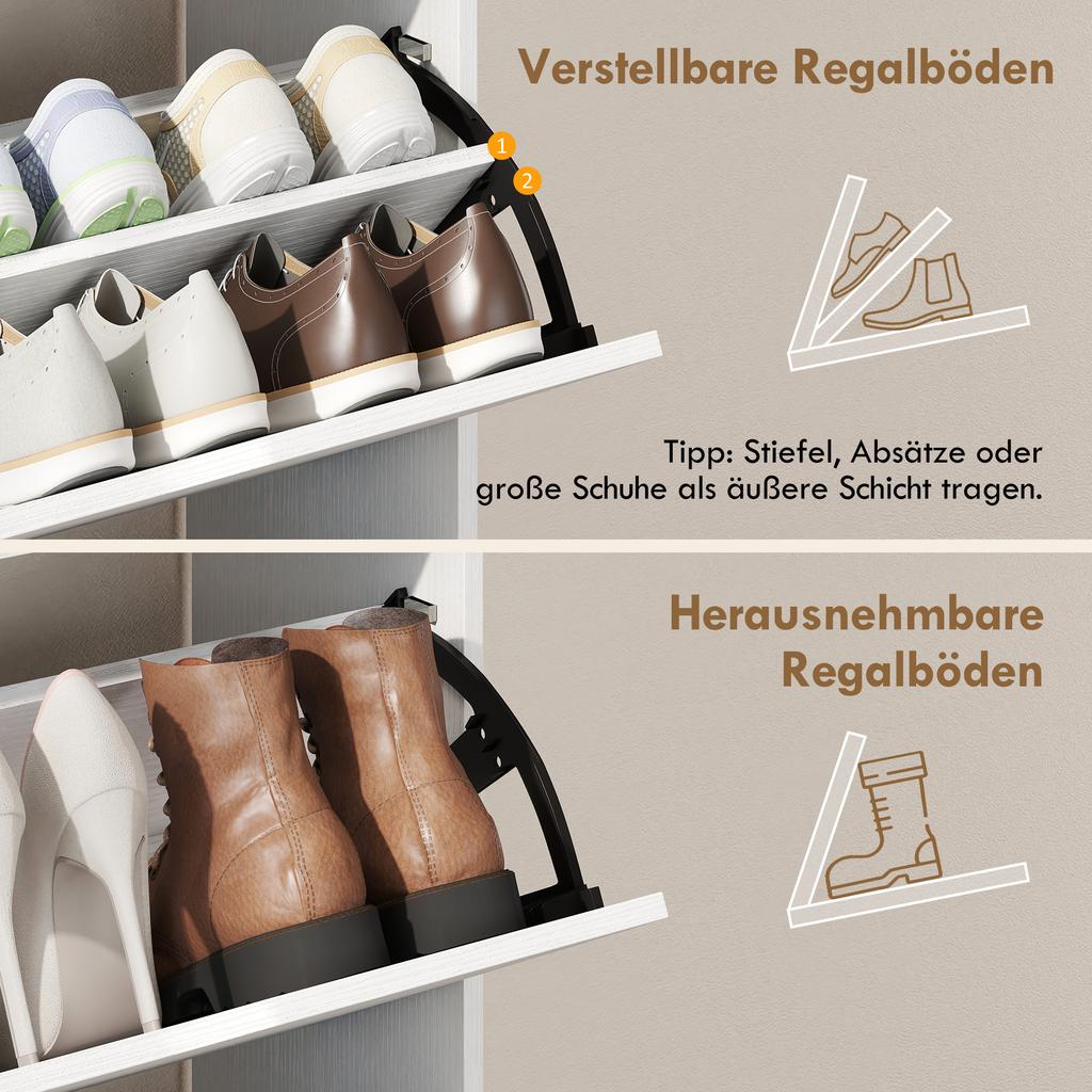 Shoe Cabinet, 2 Drop-Down Doors, Adjustable Divider, 12 Pairs, 89x25x92cm, White