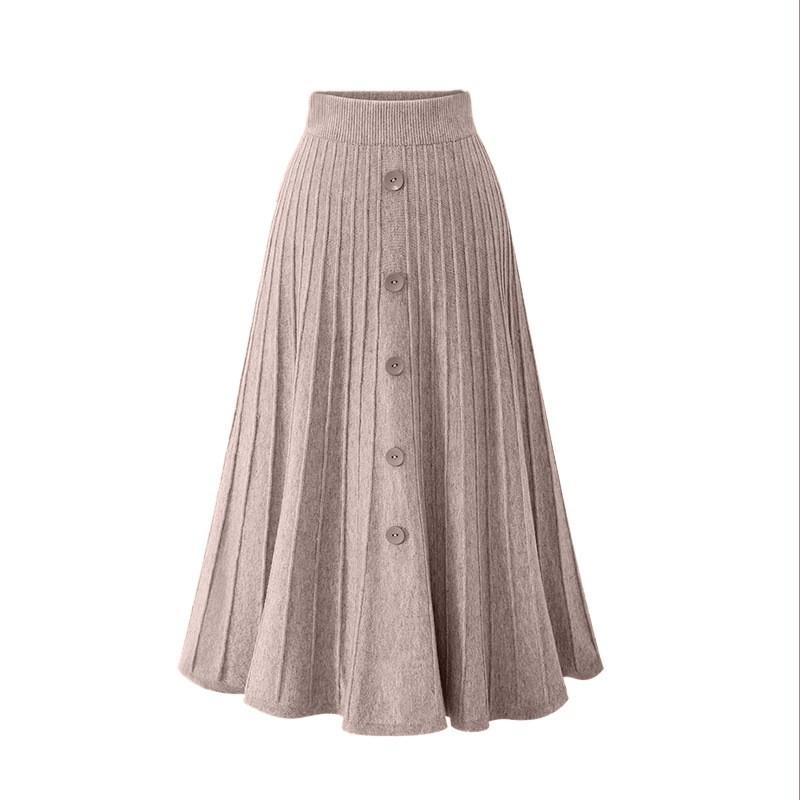 Mid-length Skirt for Women In Autumn and Winter New Loose Large Size Single-breasted A-line Large Swing Strip High Waist Knitted Pleated Skirt