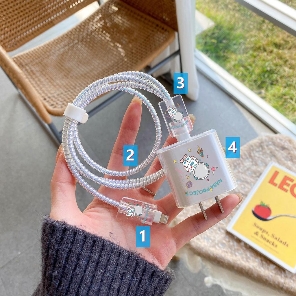 Комплект защиты кабеля данных Apple: Зарядная головка 20 Вт, прозрачный мультяшный дизайн, набор из 4 предметов