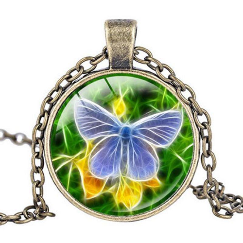 Floral Butterfly Pendant Necklace with Cabochon Charm