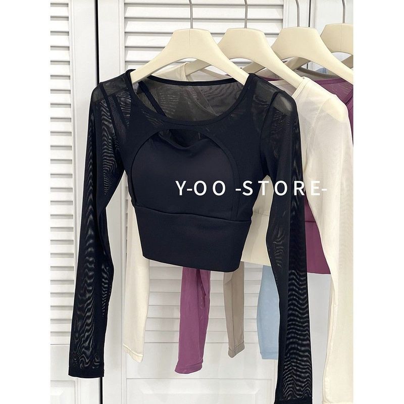 Y с нагрудными подушечками Американская одежда для йоги Футболка с длинными рукавами Женская Сексуально подчеркивающая фигуру Вырезы Сетчатая строчка Спортивный фитнес-топ