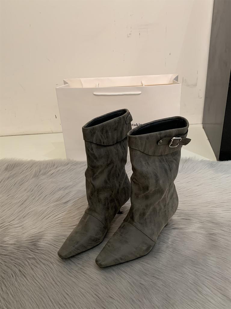 Pointed thin heel pleated stacking boots women's new folded short fashion boots wide western cowboy boots