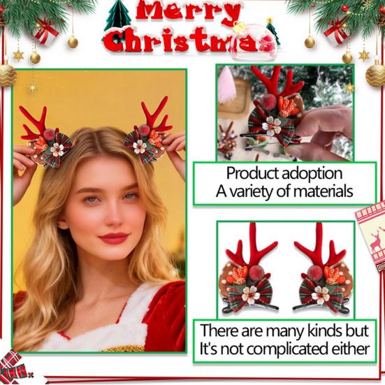 1 пара рождественских заколок для волос, праздничный дизайн с оленьими рогами, декор из искусственного жемчуга и плюшевых шариков, заколки для волос, реквизит для фотосъемки на рождественской вечеринке