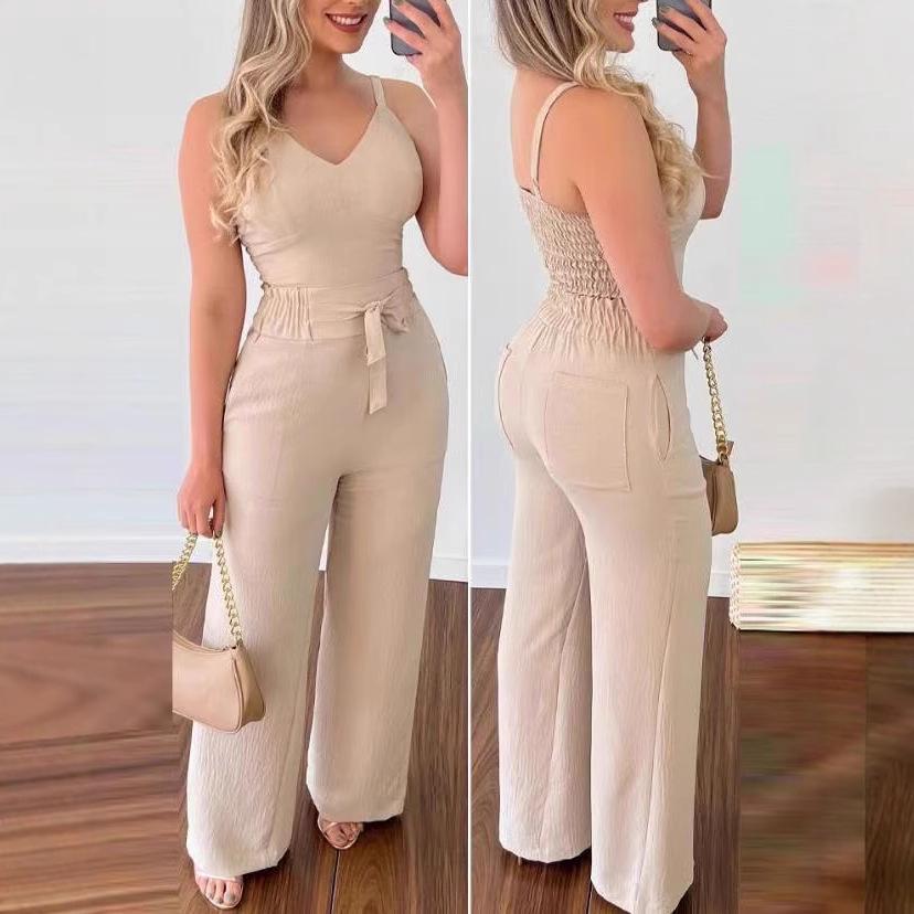 2023 Summer Sexy Backless V-Neck Spaghetti Strap Tank Top & High-Waisted Straight Leg Pants Set
