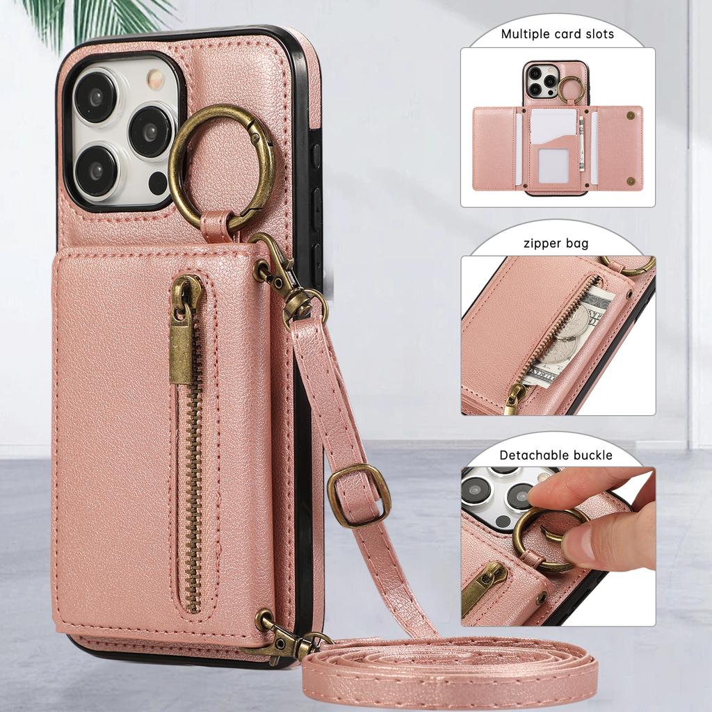 Crossbody Wallet Ring Zipper Leather Case for iPhone 16 15 14 13 12 11 Pro Max XS MAX Samsung S25 S24 S23 S22 S21 Ultra Plus FE A16 A56 A15 A55 A54