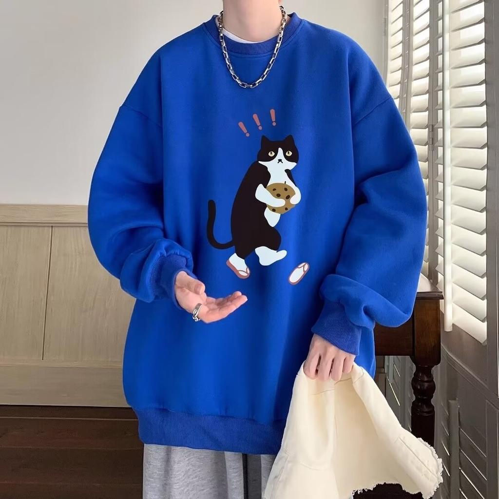Осенняя мужская свободная толстовка с капюшоном, весенний пуловер большого размера с круглым вырезом, черная толстовка с топом с кошачьим принтом