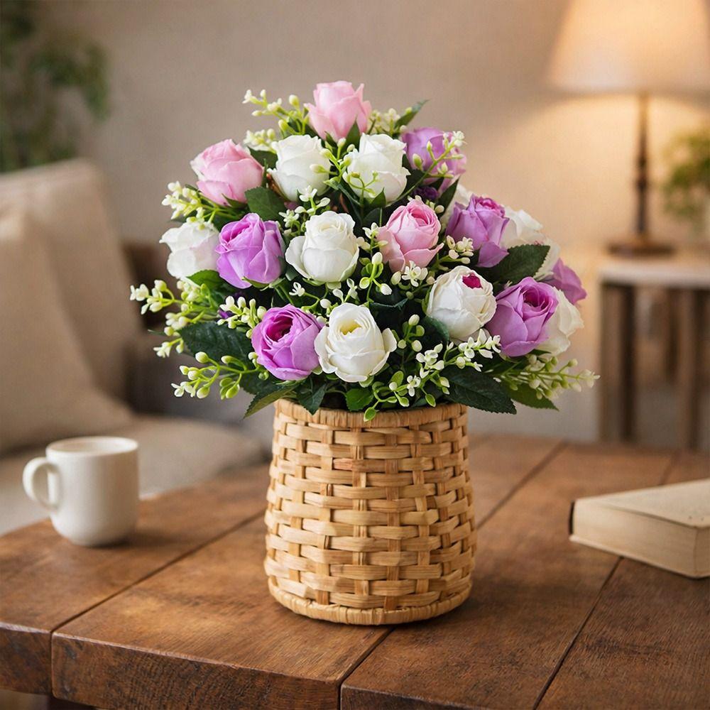 12 Heads Artificial Rose Bouquet Two Colors Wedding Decorations Silk Roses Plastic Rose Flowers