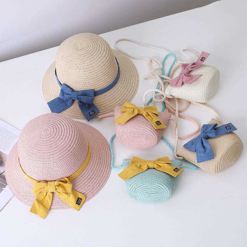 New Summer Baby Girls Straw Hat And Shoulder Bag 2pcs Set Parent-child Wide Brim Lace Holiday Beach Sun Hats Outdoor Bucket Cap