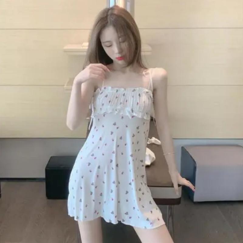Ночная рубашка с цветочным принтом, женская летняя мини-платье, корейская элегантная тонкая милая домашняя одежда для девочек, слинг с лямкой на шее, домашняя одежда, слинг с лямкой на шее