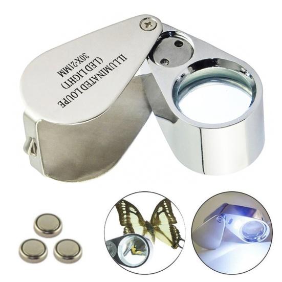 30X Foldable Metal Optical Glass Construction Jewelry Artware LED Lens Magnifier