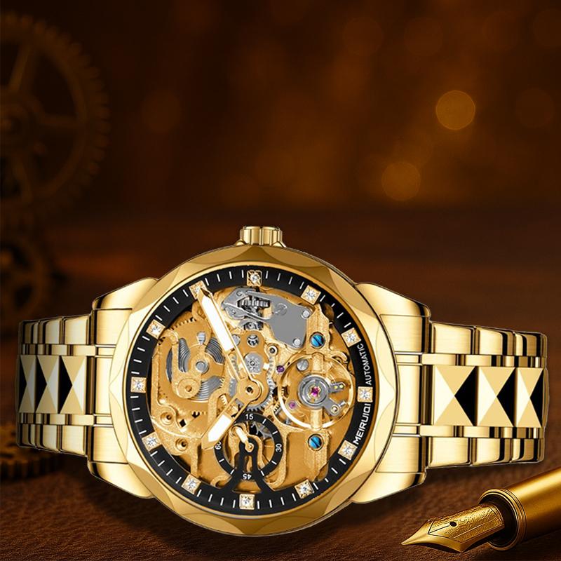 A men's yellow and black casual style temperament scale fully automatic hollow mechanical watch