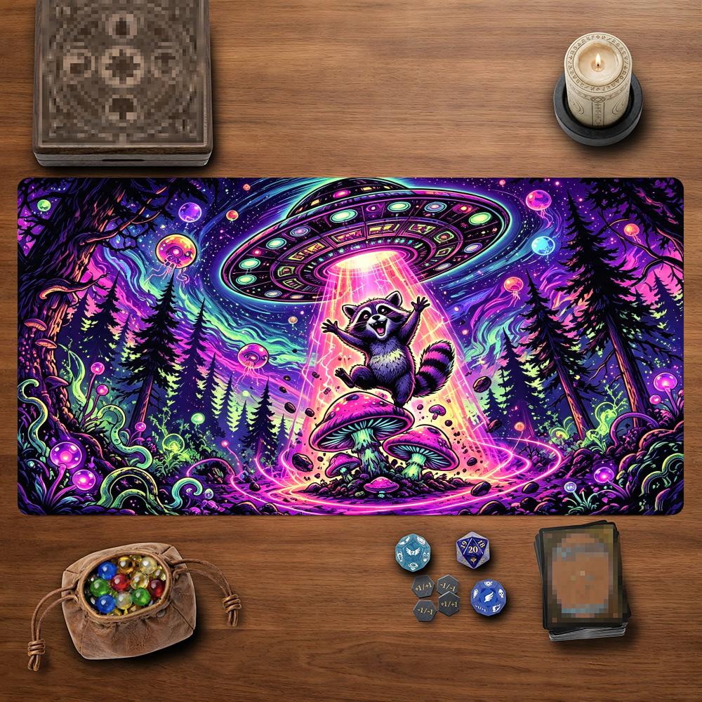 Neon UFO Raccoon TCG Playmat Spaceship MTG Play Mat Non Slip Rubber Card Game Pad 600X350MM Magic The Gathering Friendly Design