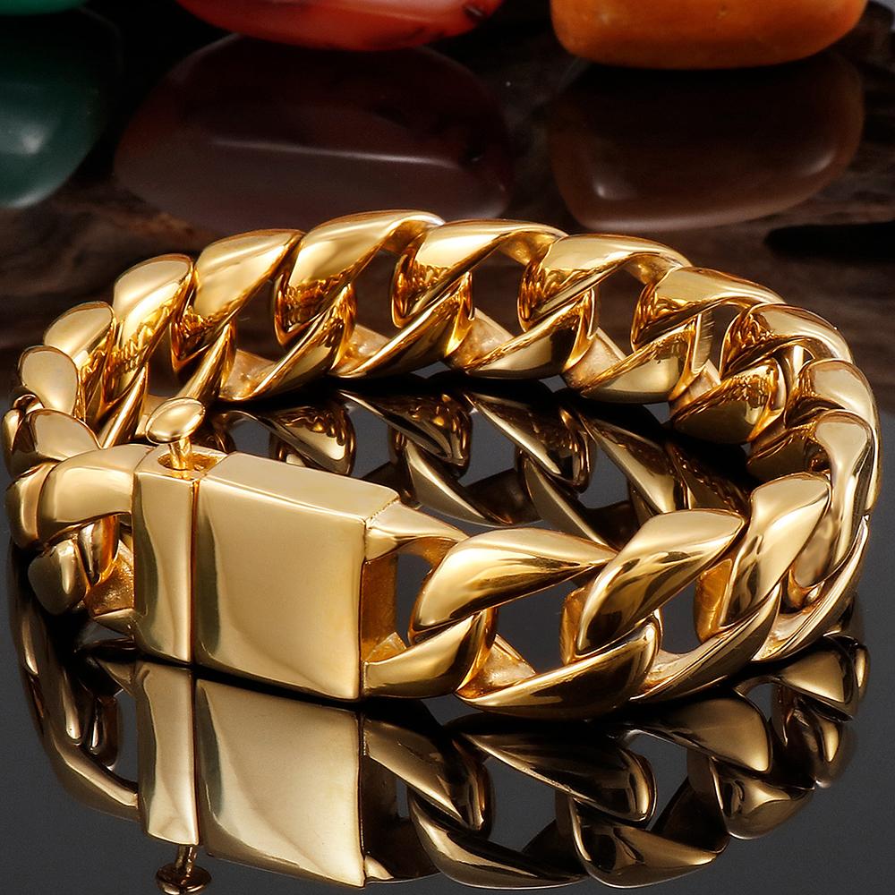 Роскошный мужской браслет из нержавеющей стали цвета золота, который никогда не тускнеет, с кубинским плетением, высоко полированный, модный мужской аксессуар в стиле хип-хоп