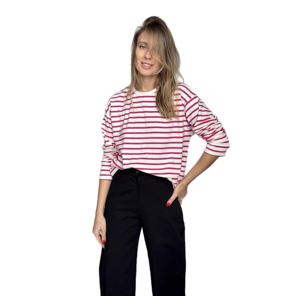 2025 Spring Fashion Striped Long Sleeve T-shirt Women's Cotton Round Neck Casual Versatile Top for Europe and America