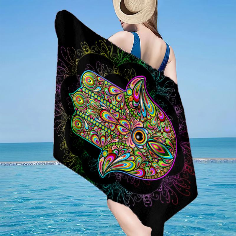 Colorful Hamsa Mandala Pattern Beach Towel, Super Soft Microfiber, Gift for Her/Him, Birthday, for Pool, Beach, Travel, Home Decor Fan gifts