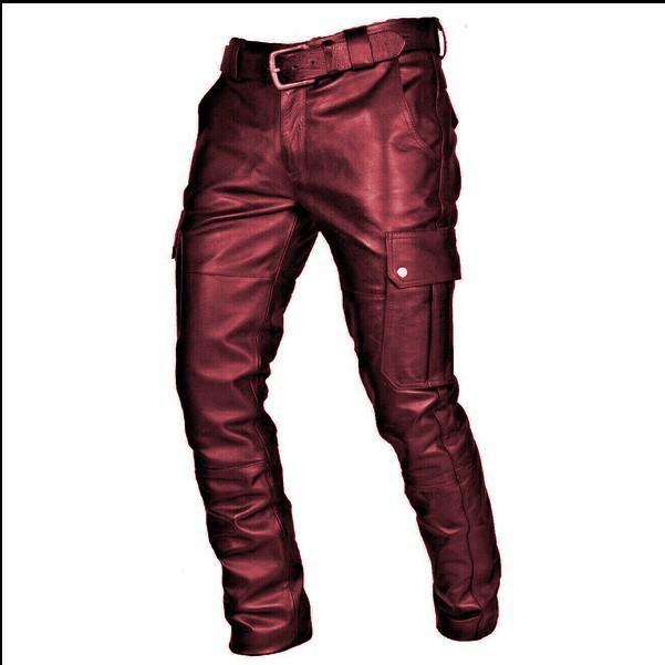 Casual Men's Leather Pants With Adjustable Straps Stylish Comfortable Fit Perfect For Everyday Wear Fashionable Leather Trousers For Men