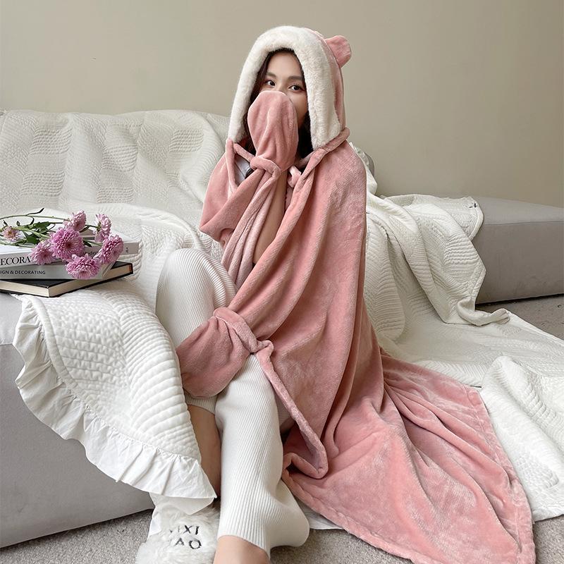 Уютная шаль с кроличьими ушками для осени и зимы - Толстое, милое одеяло для офиса, студентов или для сна