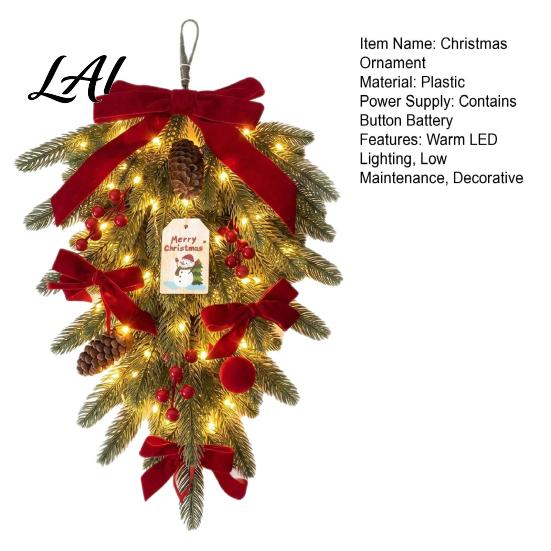 Commercial Christmas Mall Decor Teardrop Swag with LED Lights Artificial PE Pine Hanging Decoration Upside Down Door Ornaments Red Bow Pinecones
