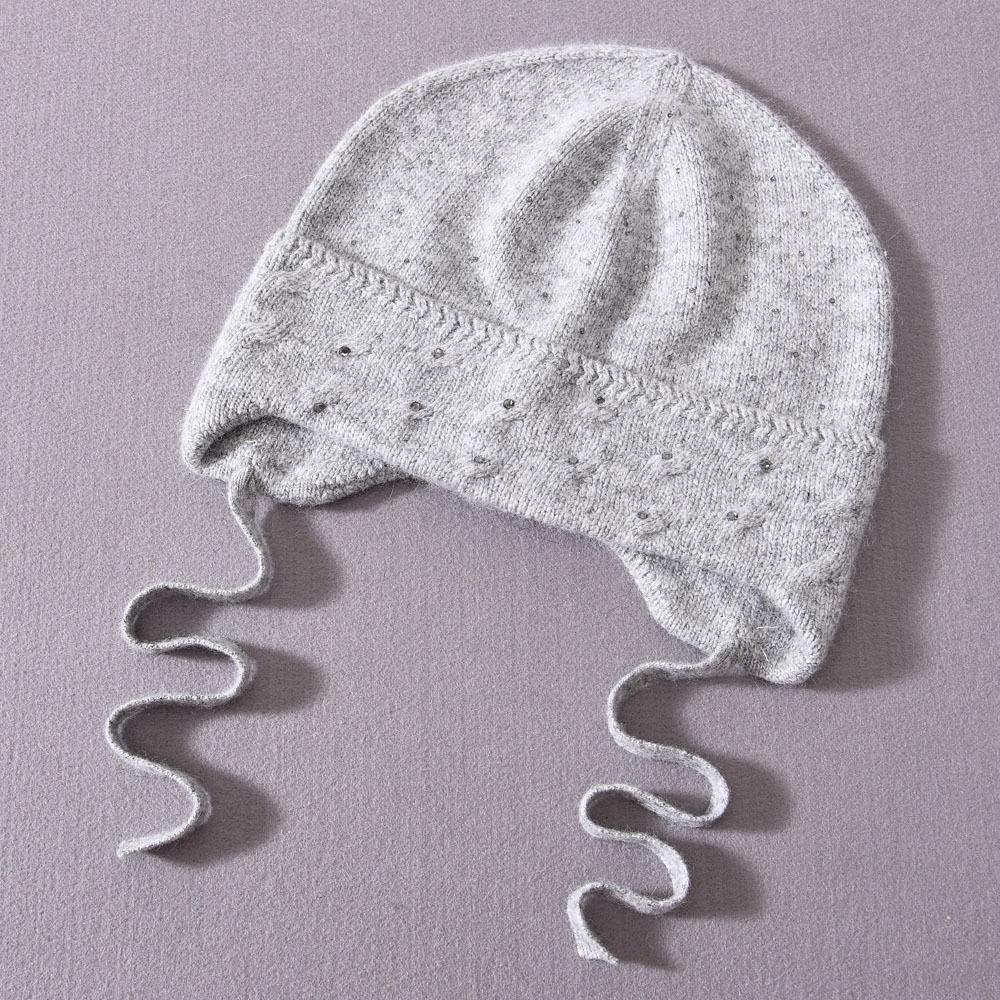 Children's knitted hat rabbit velvet front with small diamonds with braids ear protectors cute outdoor wool hat warm and windproof