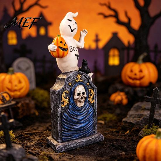 Spooky Home Interior Decor Halloween Tombstone Figurine, Resin Ghost Pumpkin Crow on Hand Painted Party Supplies Statue for Desktop Haunted