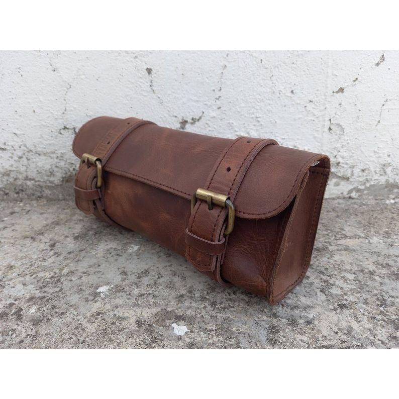 Leather Bag Motorcycle Pouch Brown Saddle Buffalo Leather Bag Bike Small Tool Bag Front Fork Handlebar Leather Saddlebag Pouch