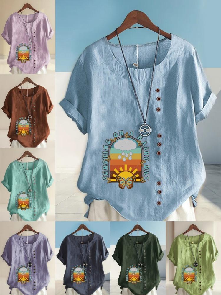 Women's Fashion Letter Butterfly Print Shot Sleeve T-shirt Loose Cotton Shirt Casual Loose Summer Blouse Tops Plus Size