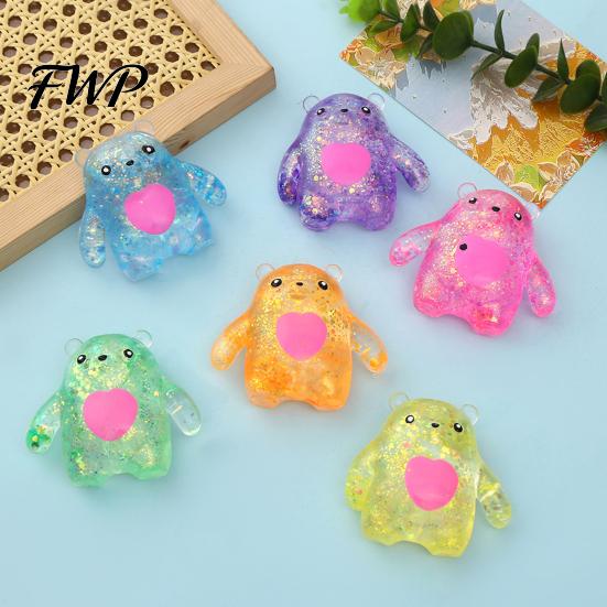 Soft Rubber Stress Ball Slow Rebound Toy, Silicone Relief Squeeze Odorless Pink Sequin Glitter Sensory Toy Heart Bear with Aurora Glitter, Portable