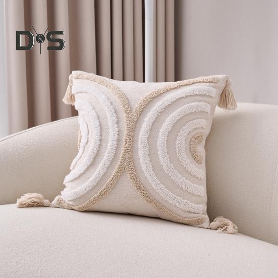 Boho Throw Pillow with Braided Rope Pattern And Tassels Soft Cotton Linen Textured Cushion for Sofa Bed Office