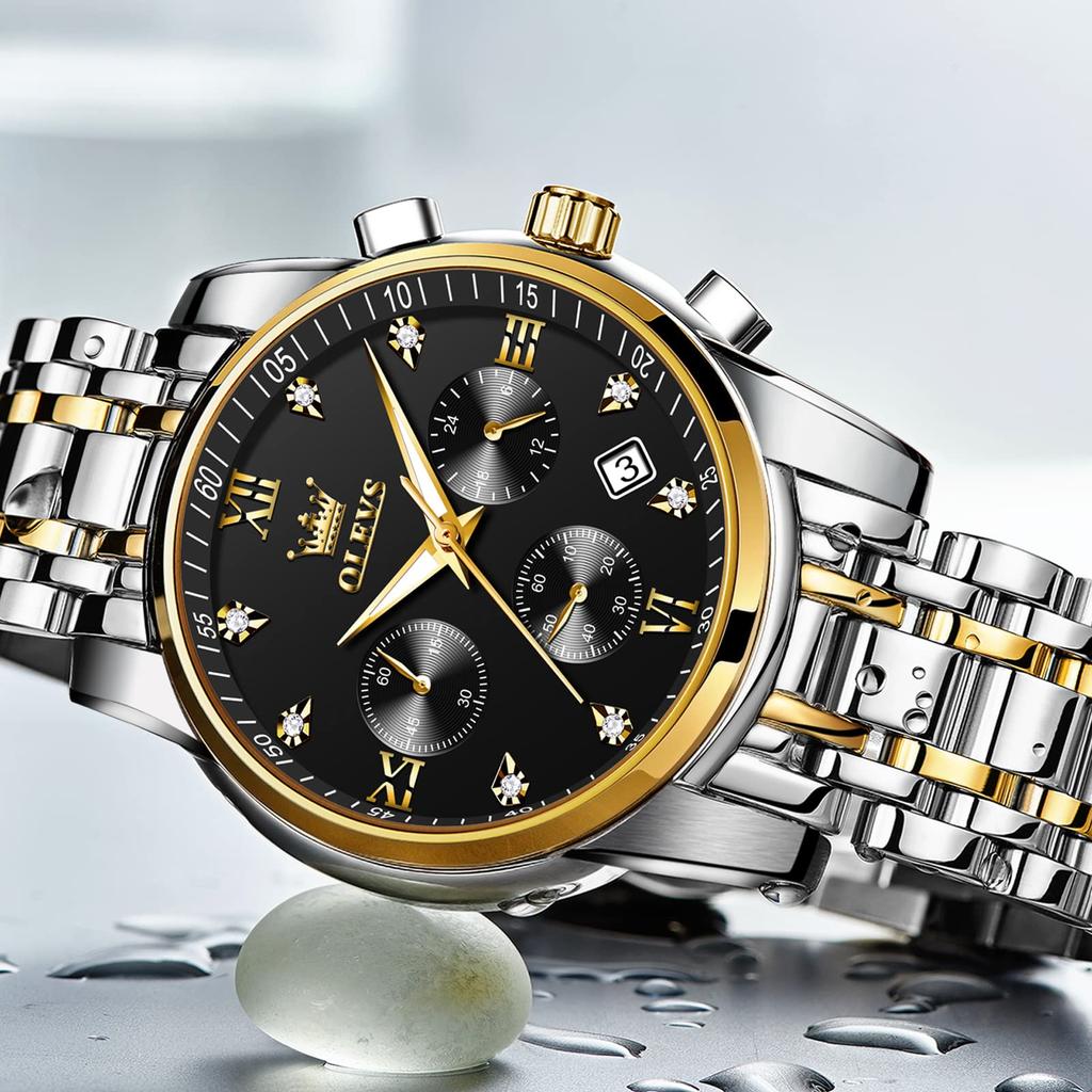 OLEVS Men's Chronograph Quartz Watch Date Display 30M Water Resistant 41mm Black Dial Silver Gold Stainless Steel Band