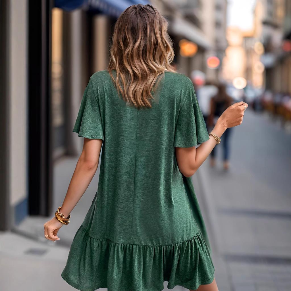 Женское однотонное короткорукавное платье в ретро-стиле с круглым вырезом, больших размеров, с оборками, распродажа одежды