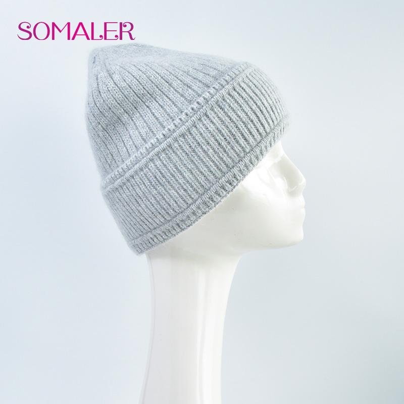 SOMALER Женская осенне-зимняя вязаная шапка-бини из ангоры с отворотом и металлическим значком, модная теплая кепка 54-58 см