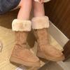 Women Flats Fur Knee Snow High Boots Fad Platform Suede Mid Calf Warm Plush Cotton Shoes Woman Trend Cozy Non Slip Botas Mujer