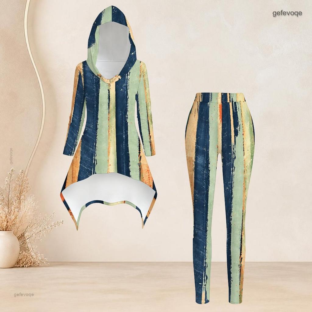 Women Plus Size Striped Printed Hooded Long Sleeve High Low Top Fitted Pants Two Piece Set