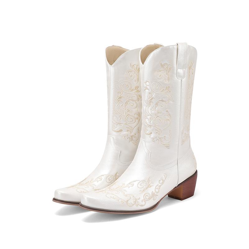 Вышитые короткие ботинки в стиле вестерн, женские ковбойские сапоги до середины голени, модные блочные каблуки, квадратный носок, без застежек, зимняя осенняя обувь